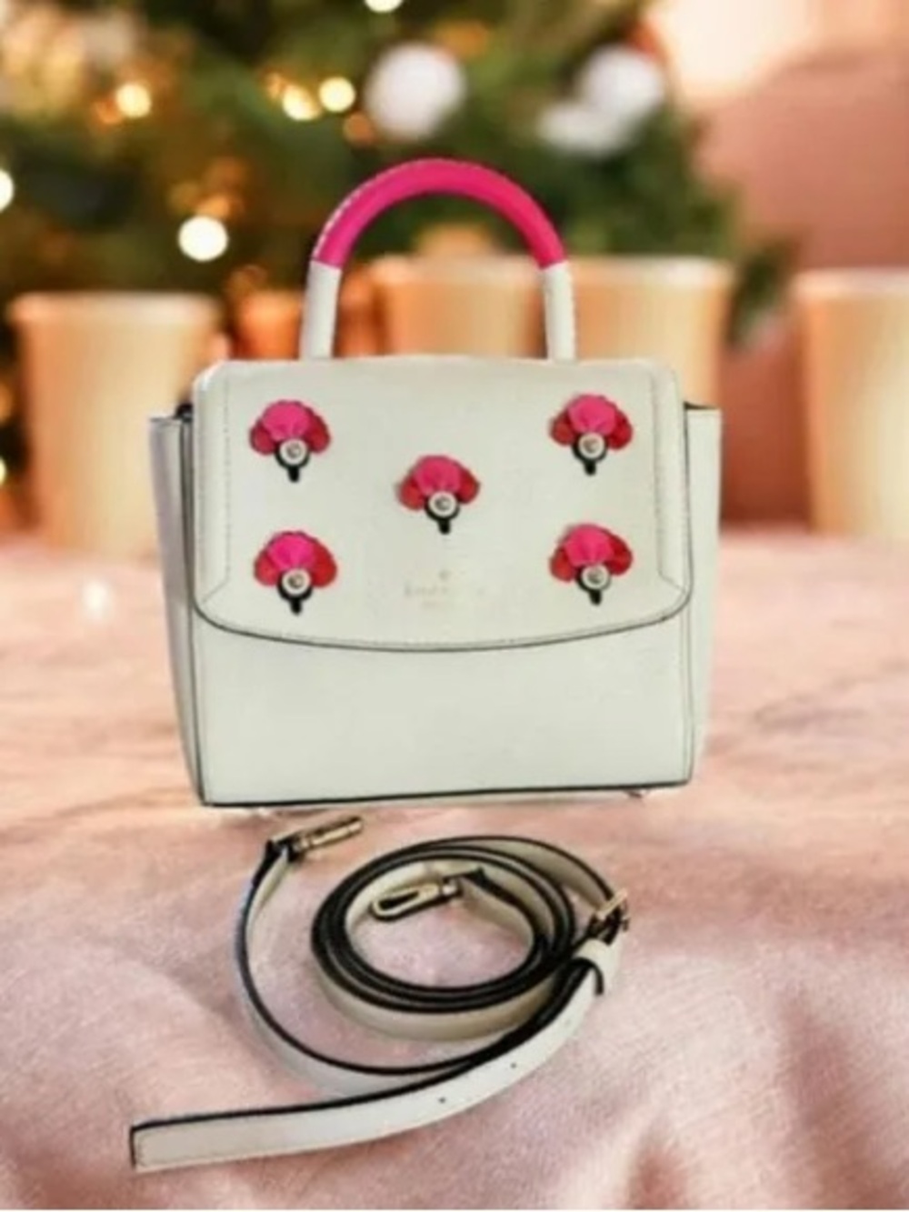 kate spade White Mini Top-Handle Bag with Pink Floral Appliqués